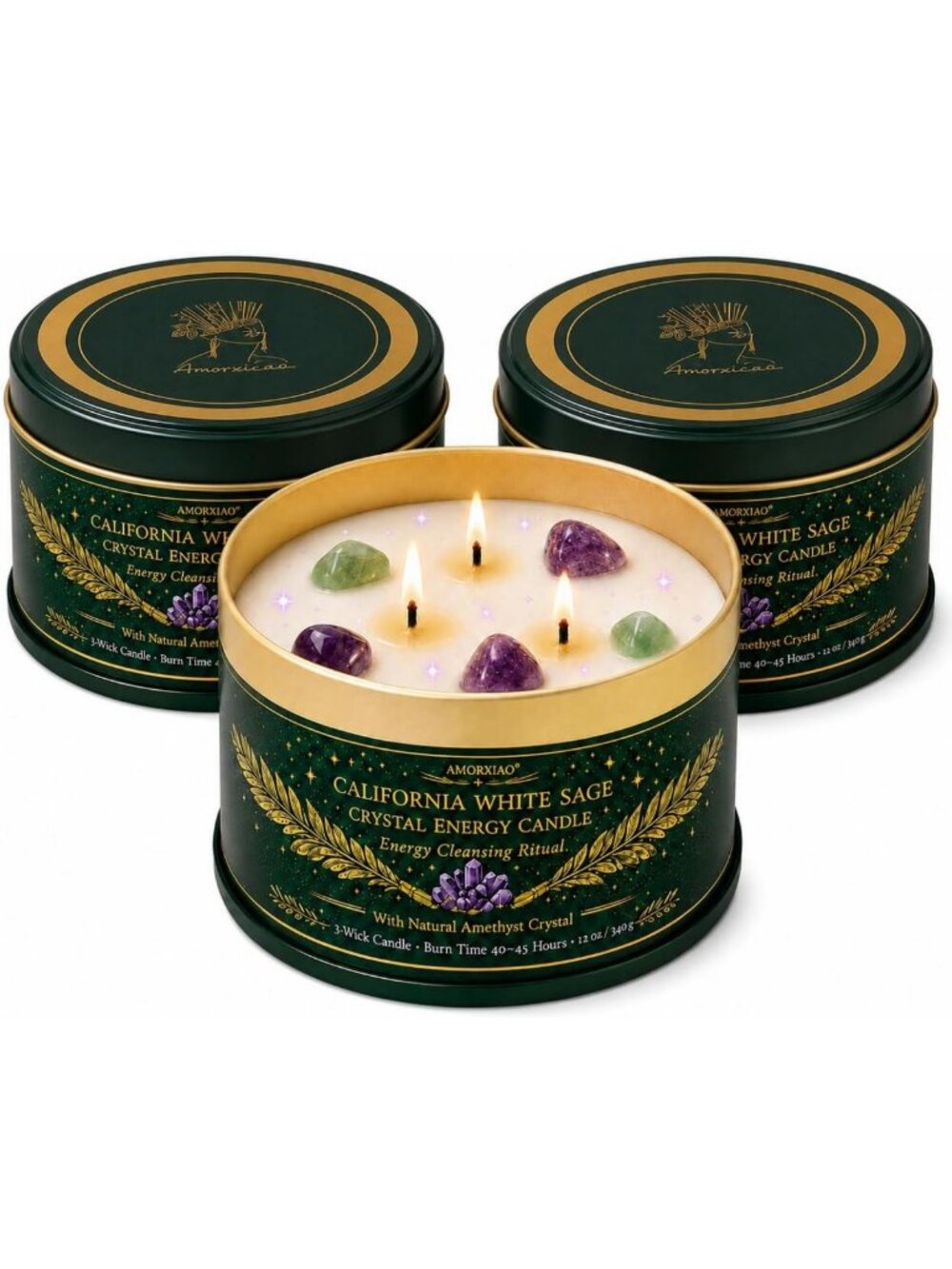 Cleansing Sage Candle Set - 3 Pack Scented Jar Candles with Healing Crystals